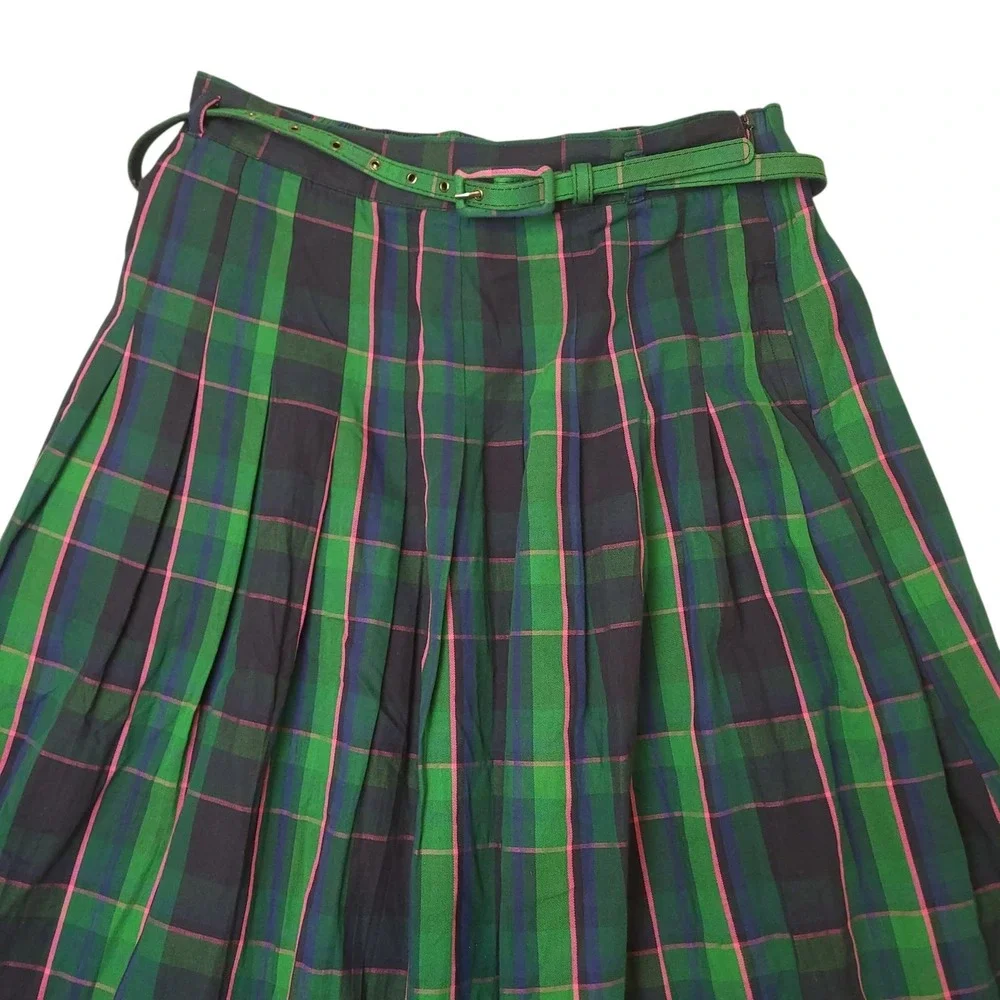 Free Assembly Womens Plaid Pleated Midi Skirt Sz Small Belted Academic Cotton
